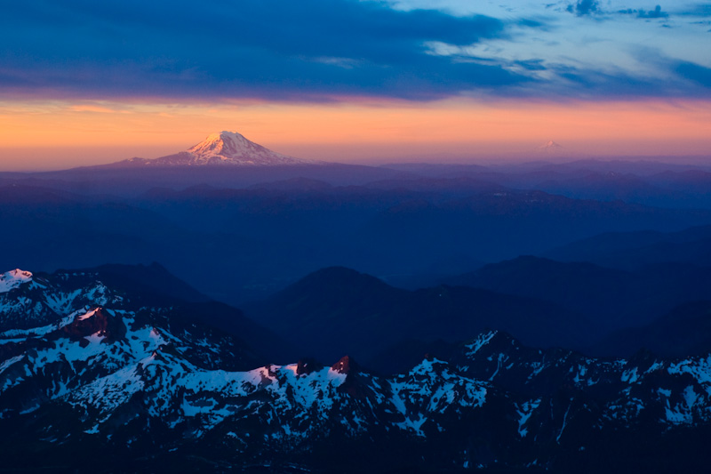 Mount Adams, Mount Hood And The Tatoosh Range At Sunrise